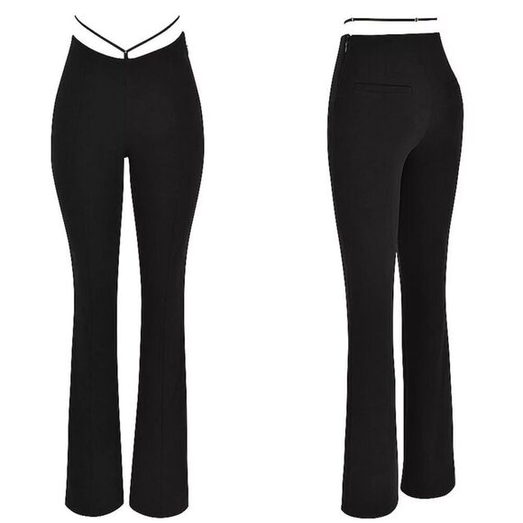 New House of CB Layla V-Front Harness Flare Trousers Pants in Black Size Medium - Picture 1 of 5